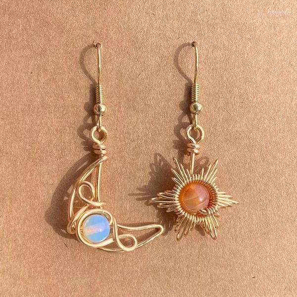 Boucles d'oreilles pendantes bohémien, soleil, lune, pierre de lune, goutte asymétrique pour femmes, couleur argent froid, pierre naturelle, bijoux géométriques, cadeaux