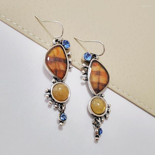 Boucles d'oreilles bohémiennes Vintage en pierre de tigre naturelle, goutte en métal pour femmes, cristal bleu, bijoux indiens à la mode