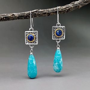 Bengelen oorbellen Boheemian Antiques Blue Pine Jade hangen twee kleuren Thaise zilveren lapis lazuli waterdruppel vorm juweelgroothandel