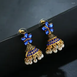 Pendientes colgantes bohemios de cristal azul para mujer, aretes largos con borlas de perlas y flores, joyería de boda Barocke Perle Ohrringe