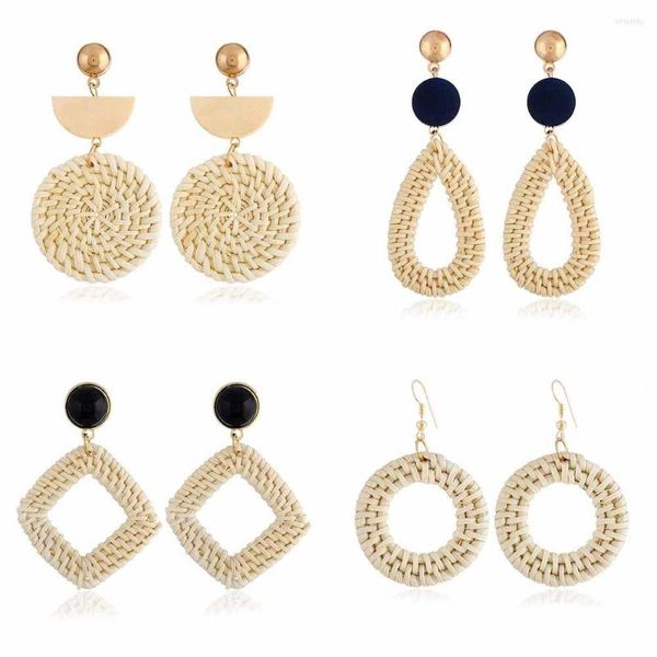 Boucles d'oreilles pendantes bohème tressé rotin géométrique déclaration frangée Boho à la main paille osier tissage anneau pendentif bijoux