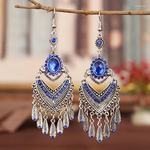 Boucles d'oreilles pendantes bohème ethnique coloré strass acrylique goutte pour les femmes Vintage Long Antique couleur argent gland bijoux