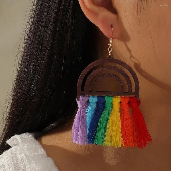 Pendientes colgantes geométricos étnicos bohemios de madera para mujer, gancho de oreja Retro creativo con borla de hilo de algodón tejido