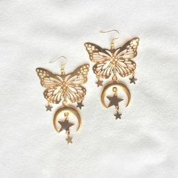 Boucles d'oreilles pendantes bohème ethnique étoile et lune papillon mode couleur or femme