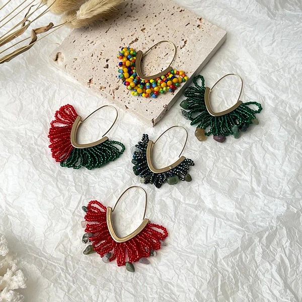 Pendientes colgantes bohemios geométricos trenzados para mujer, cuentas de borlas étnicas, pendiente con gancho de flor, accesorios de joyería de Navidad