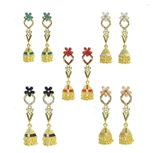 Boucles d'oreilles bohème creuses en cristal, fleur indienne Jhumka pour femmes, pendentif pompon en forme de cloche dorée, Vintage turc