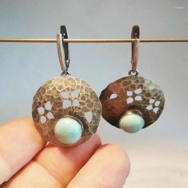 Boucles d'oreilles pendantes bohème creuses rondes en métal pierre naturelle bijoux tibétains Antique couleur argent Turquoises goutte