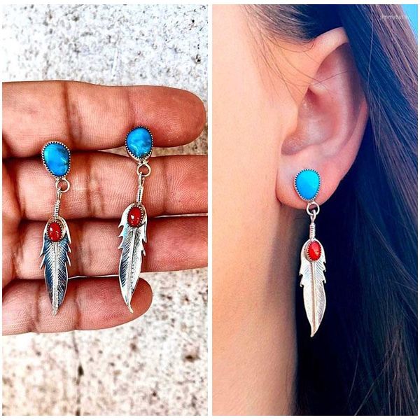 Boucles d'oreilles pendantes bohème feuille plume 925 argent aiguille bijoux ethniques rouge bleu pierre goutte pour les femmes en gros