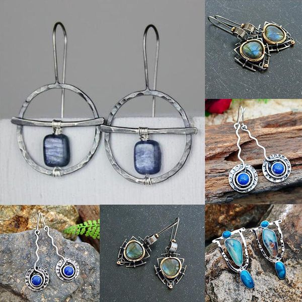 Pendientes colgantes, aro Tribal pintado bohemio, cuentas azules, piedra de ópalo para mujer, joyería hecha a mano, Pendientes antiguos, Pendientes, candelabro