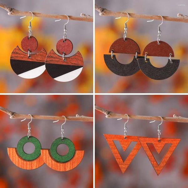 Pendientes colgantes bohemios personalizados empalme geométrico triángulo redondo madera de doble cara regalo hawaiano