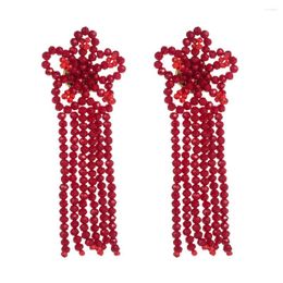 Dange oorbellen Boheemian Purple Long Tassel Drop Women Ethnic Red Handmade Bead Creative Flower Earring Kerstgroothandel