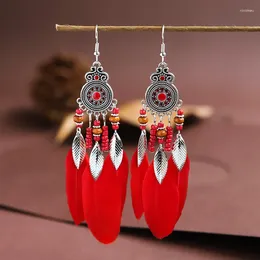 Dange oorbellen Bohemian Red Feather Ethnic Vintage Leaf Tassel Lang voor vrouwelijke sieraden Kolczyki