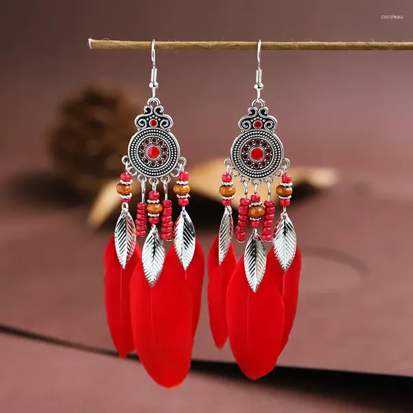 Boucles d'oreilles en peluche Bohemian Red Feather ethnique Vintage Feuille de feuille longue pour les femmes bijoux Kolczyki