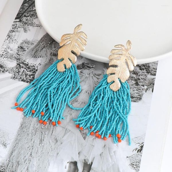 Pendientes colgantes estilo bohemio acrílico hecho a mano con cuentas borla larga para mujer Vintage azul declaración joyería al por mayor