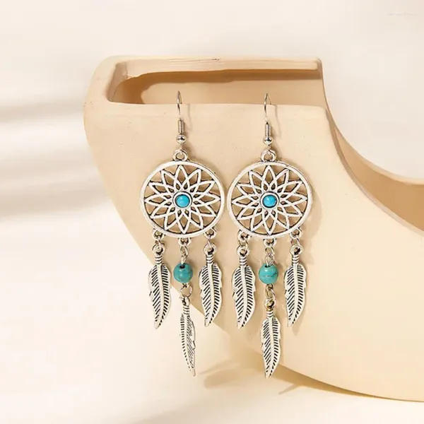 Pendientes colgantes estilo bohemio pluma con cuentas largos para mujer oreja de aleación inoxidable Retro