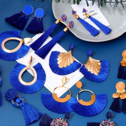 Boucles d'oreilles pendantes style bohémien, bleu, noir, rouge, géométrique, frange en coton et soie, grande pour femmes, bijoux à la mode, 2024