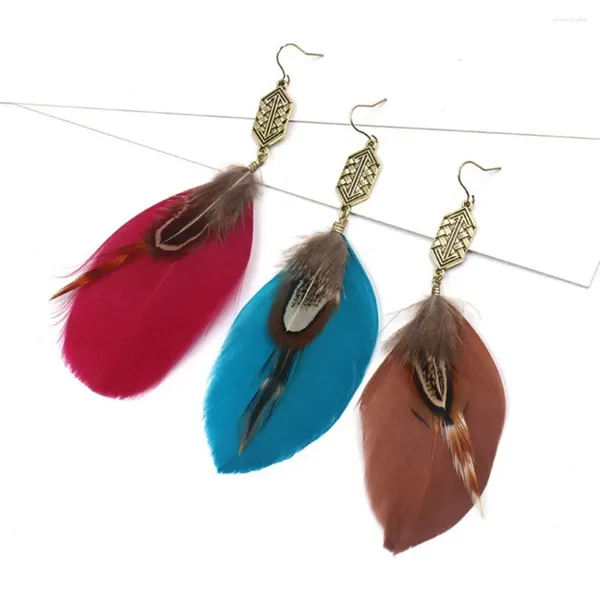 Boucles d'oreilles en peluche bouhème plume bleu brun rosé bohème avec des piercings pour les femmes ethniques longues oreilles hippies bijoux