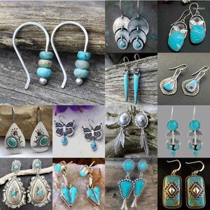 Boucles d'oreilles pendantes bohème Vintage femmes longue goutte bijoux National bleu Turquoise pierre pendentif plage fête