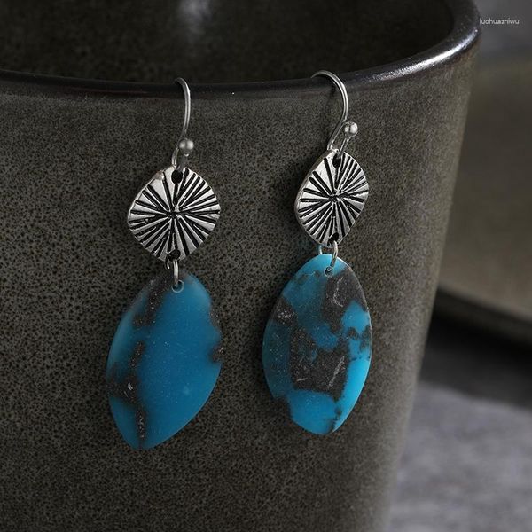 Pendientes colgantes Bohemio Vintage Mujer Largo Colgantes Joyas Étnico Naturaleza Azul Lujo Piedra