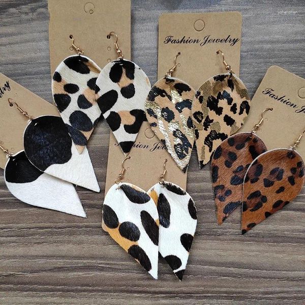 Pendientes colgantes estilo bohemio occidental cuero genuino Color vaca crin leopardo hoja gota para mujer