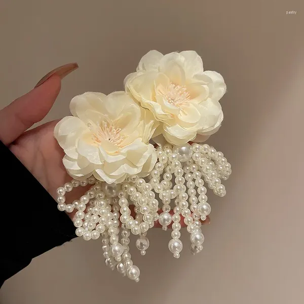 Pendientes colgantes Bohemio Blanco rosa Big Flower para mujeres Joyas de joyas hechas a mano Pendientes de borla de Bownot