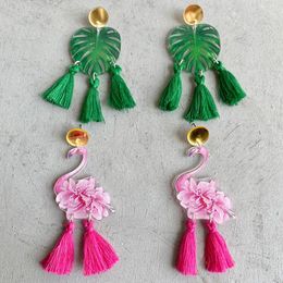 Boucles d'oreilles pendantes Boho acrylique vert Monstera feuille goutte pour femmes gland rose motif fleur flamant boucle d'oreille bijoux de mode 2024