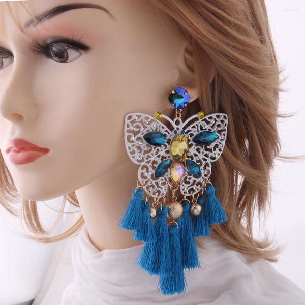 Pendientes colgantes Boho pendiente de mariposa grande pintura blanca borla colorida cristal largo para mujer oreja grande Brinco joyería femenina