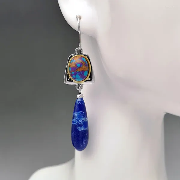 Pendientes colgantes bohemios delicados y largos en forma de lágrima, piedra azul marino para mujer, pendiente de ópalo de Color plateado Vintage, joyería de moda