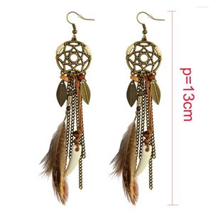 Boucles d'oreilles pendantes Boho ethnique capteur de rêves plume Antique Long crochet fantaisie à la main chaîne pompon boucle d'oreille pour les femmes bijoux