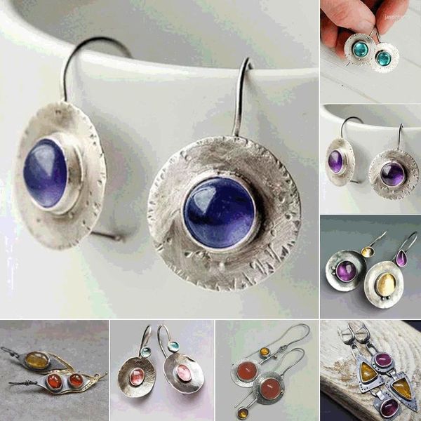 Boucles d'oreilles pendantes style Boho ethnique, Vintage, couleur argent, métal rond incrusté de pierre bleue pour femmes, bijoux cadeau, vente en gros