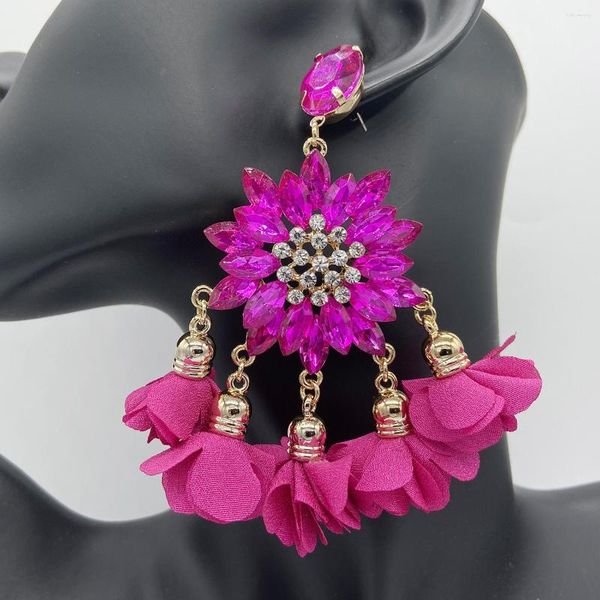 Pendientes colgantes con borlas de flores bohemias para mujer, colgante de cristal grande, pendiente llamativo con diamantes de imitación, joyería de moda