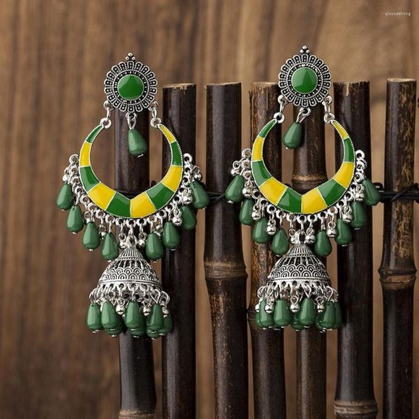 Boucles d'oreilles pendantes style Boho, perles vertes, pampilles pour femmes, gitane Afghan, pendentif lanterne plaqué argent, bijoux de mariage