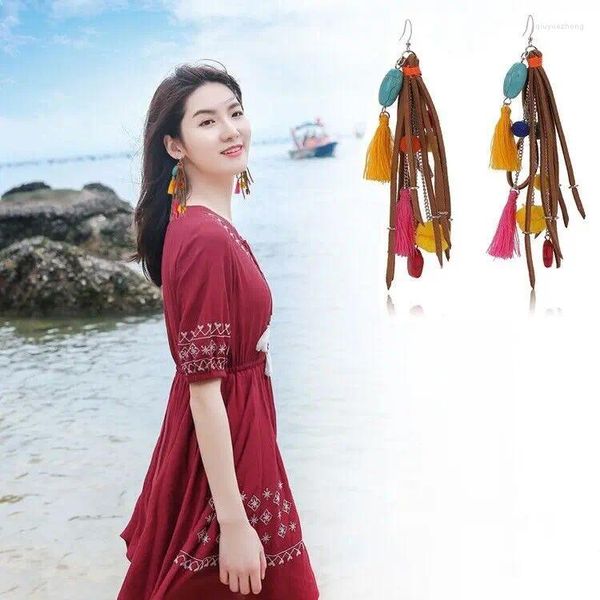 Pendientes colgantes Boho largo borla cuero para mujeres vacaciones playa fiesta joyería accesorios de moda