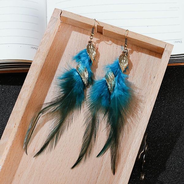 Boucles d'oreilles pendantes Boho d'été longues plumes bleues dames Oorbellen cintres gitane couleur or feuille bijoux tibétains