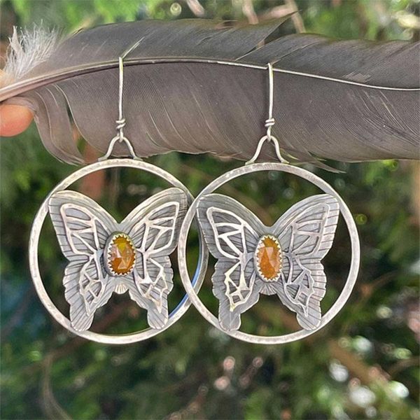 Pendientes colgantes Boho Tribal mariposa naranja resina gota grande hueco redondo Color plata Metal para mujer