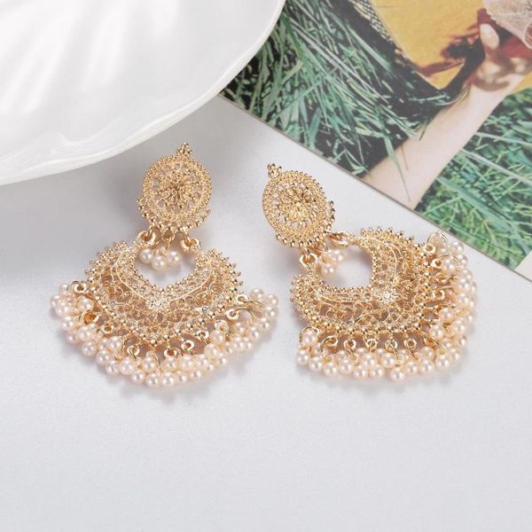 Pendientes colgantes Boho Vintage Color dorado forma de corazón para mujeres étnicas indias Jhumka flor perla borla joyería de boda