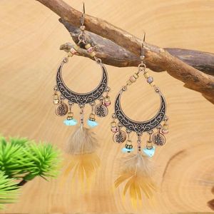 Boucles d'oreilles en peluche boho perles en bois plume longue pour les femmes turquoises naturelles en alliage