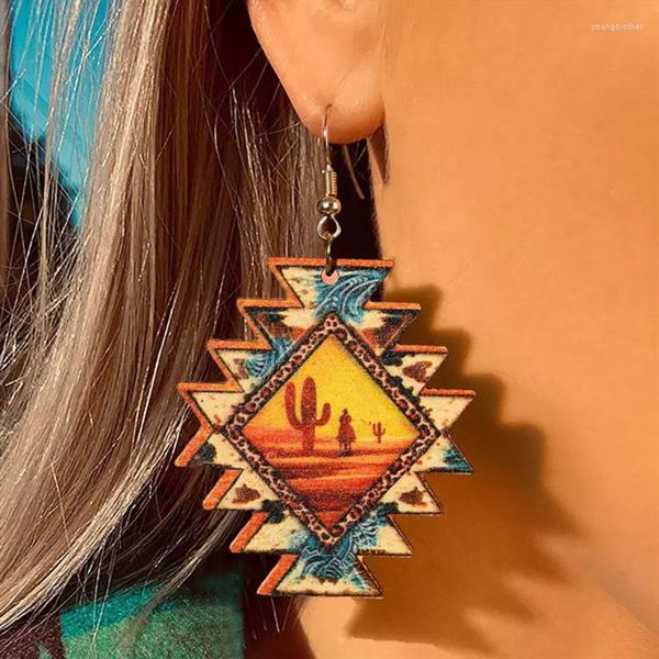 Boucles d'oreilles pendantes Boho en bois Double face motif aztèque occidental goutte pour femmes géométrique coucher de soleil vache Cactus