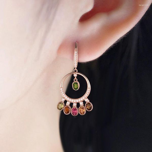 Pendientes colgantes Bolai con gancho de turmalina natural, plata de ley 925, chapado en oro rosa, piedras preciosas multicolores, joyería fina para mujer