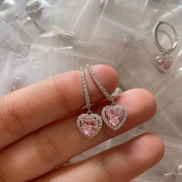 Boucles d'oreilles pendantes marque mode S925 bijoux en argent Sterling pierre rose coeur amour mariage luxe dame