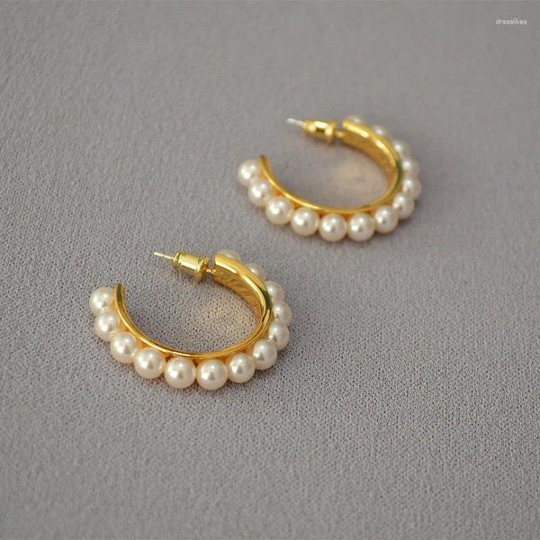 Boucles d'oreilles pendantes en laiton plaqué or, Imitation perle, cercle en forme de C, tempérament élégant, clous à aiguilles en argent 925 pour femme