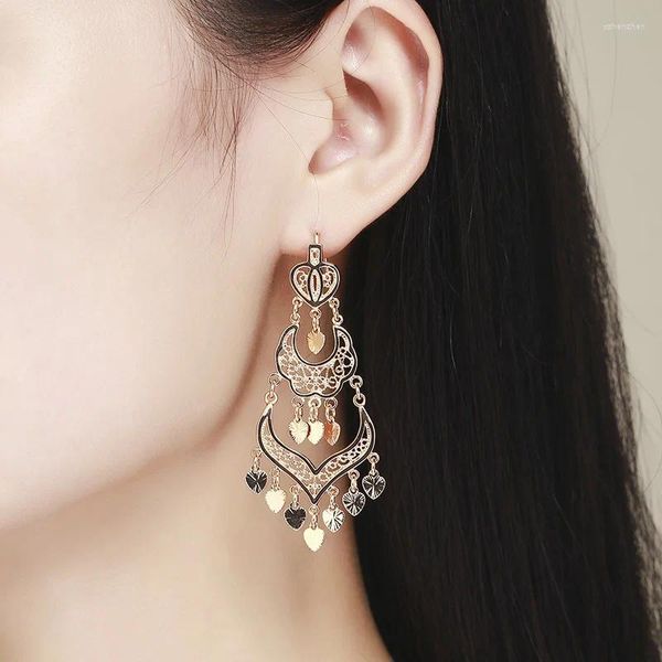 Boucles d'oreilles pendantes en laiton W couleur or lustre filigrane coeur bohème grande goutte gland Long pour femmes bijoux Aros Pendientes Colgantes