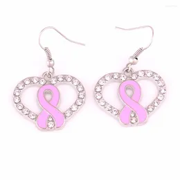 Boucles d'oreilles pendantes en alliage de zinc pour sensibilisation au cancer du sein, ruban en émail rose, nœud en cristal, pendentif en forme de cœur, hameçon