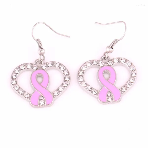 Pendientes colgantes Concientización sobre el cáncer de mama Aleación de zinc Esmalte rosa Cinta Lazo Cristal Corazón Colgante Gancho de pescado