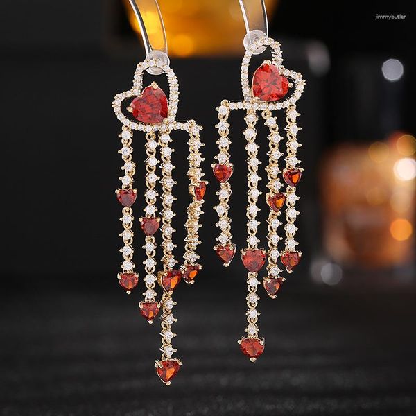 Boucles d'oreilles pendantes pour robe de mariée incrustée de zircone cubique, longue décoration décorative en forme de visage, pompon en forme de cœur