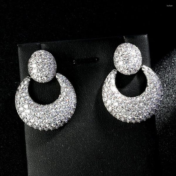 Pendientes colgantes con circonita cúbica superior brillante, pavé de círculo redondo grande, gota gruesa de lujo para mujer, joyería de desfile