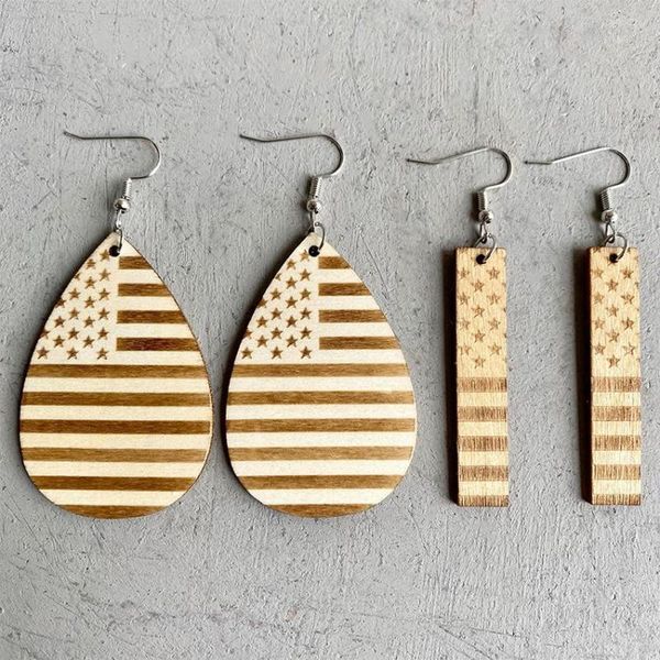 Pendientes colgantes Bucolic USA Flag Print Lágrima Rectángulo Madera para mujeres 2023 Unique Star And Stripe Patriotism Jewelry Wholesale