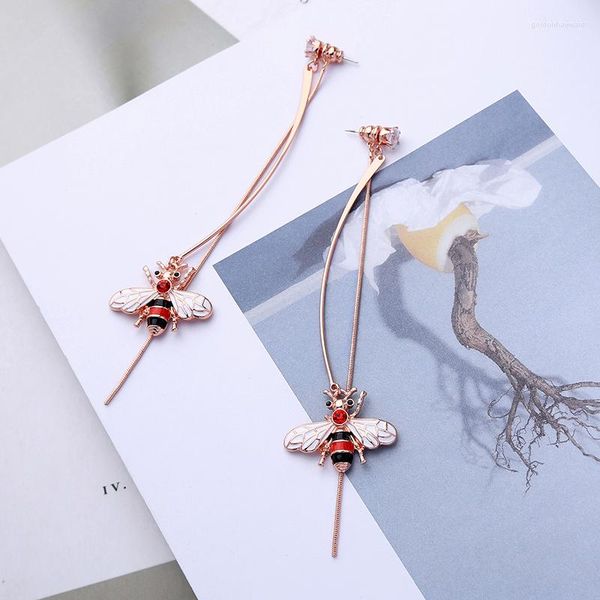 Boucles d'oreilles pendantes prix de gros mignon pendentif insecte émail coloré pour les femmes couleur Rose brins de laiton cristal