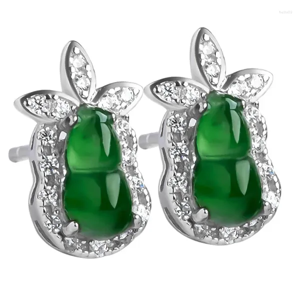 Pendientes de colgación Birmania Jade Gourd Natural Ear Studs Diseñador de regalos tallados Certificado de certificado verde 925 Silver Chinese Jewelry Women
