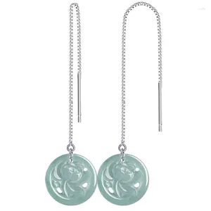 Boucles d'oreilles pendantes birman Jade Lotus amulettes naturel bleu Vintage accessoires 925 argent femmes pierres précieuses de luxe sculpté bijoux chinois